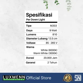 Lampu  Armatur Luxmenn LUX-M203 / 9 Watt / Inbow Kotak - Tipe Downlight - Putih 6000k