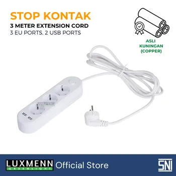 Aksesoris Listrik Luxmenn LED LUX - EKU201DL / Stop Kontak Kabel Extension Strip. 3 M. 3 Power Socket 2 USB